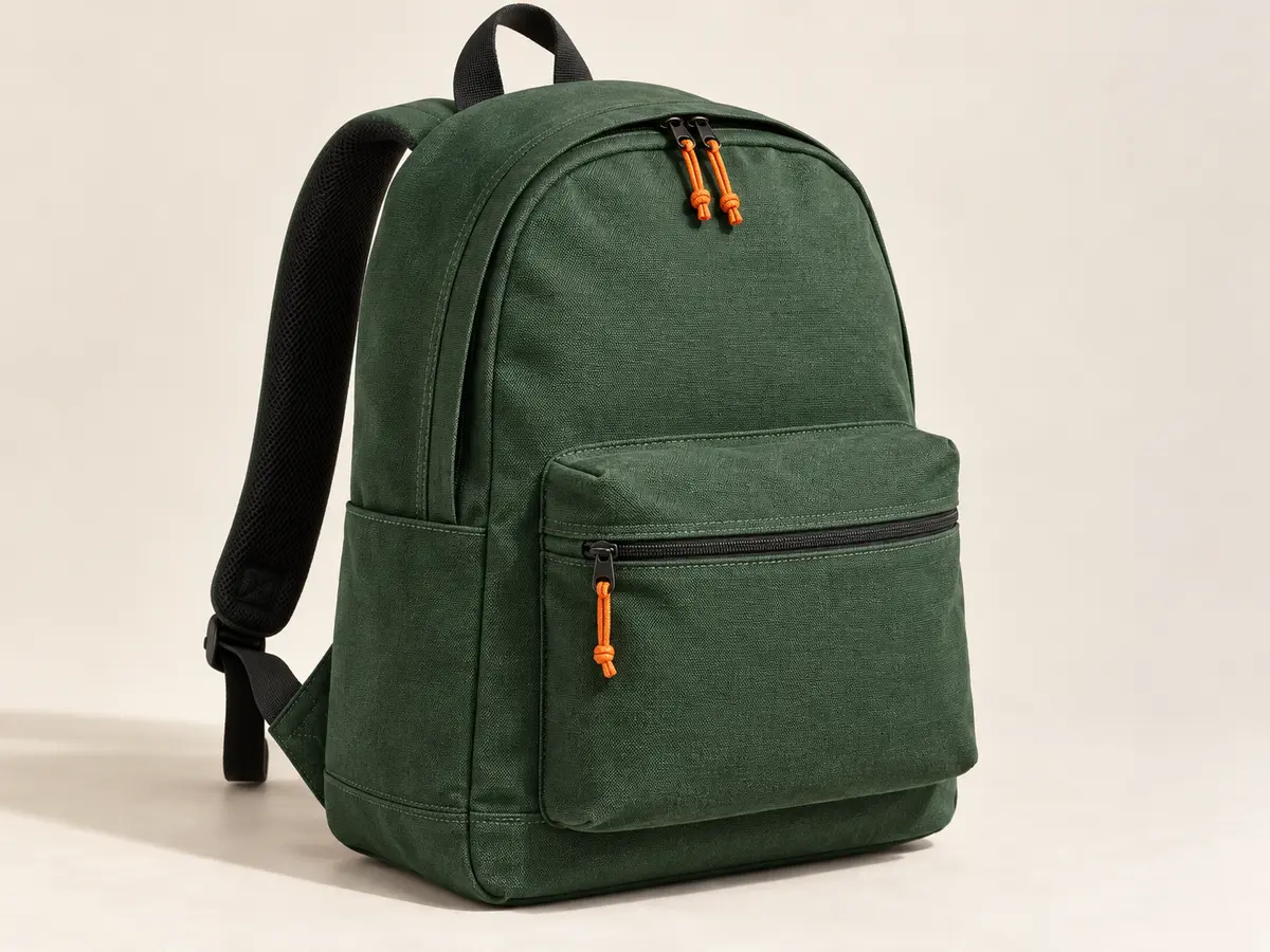 Forest-green backpack with orange zipper pulls and a front zip pocket, seen from the front at an angle