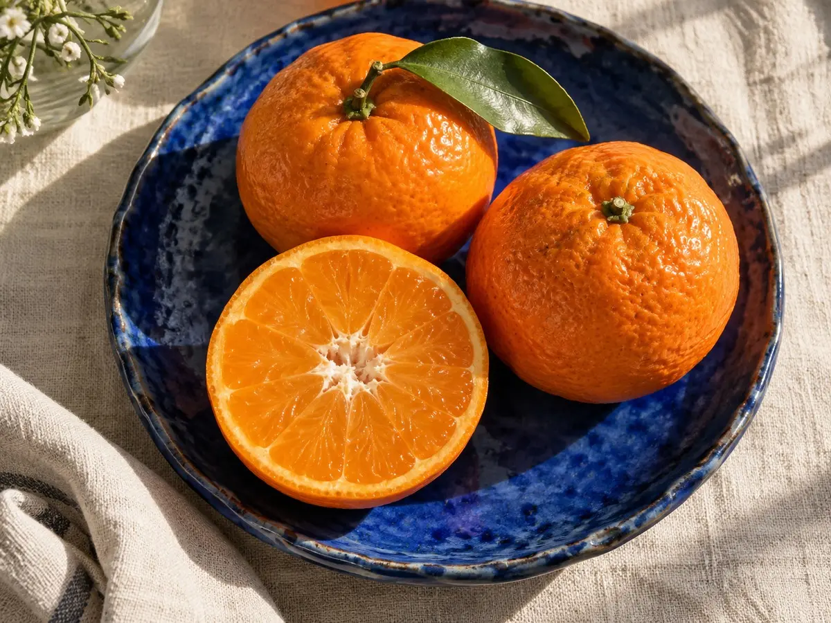 Whole and sliced tangerines with green leaves on a blue ceramic plate.